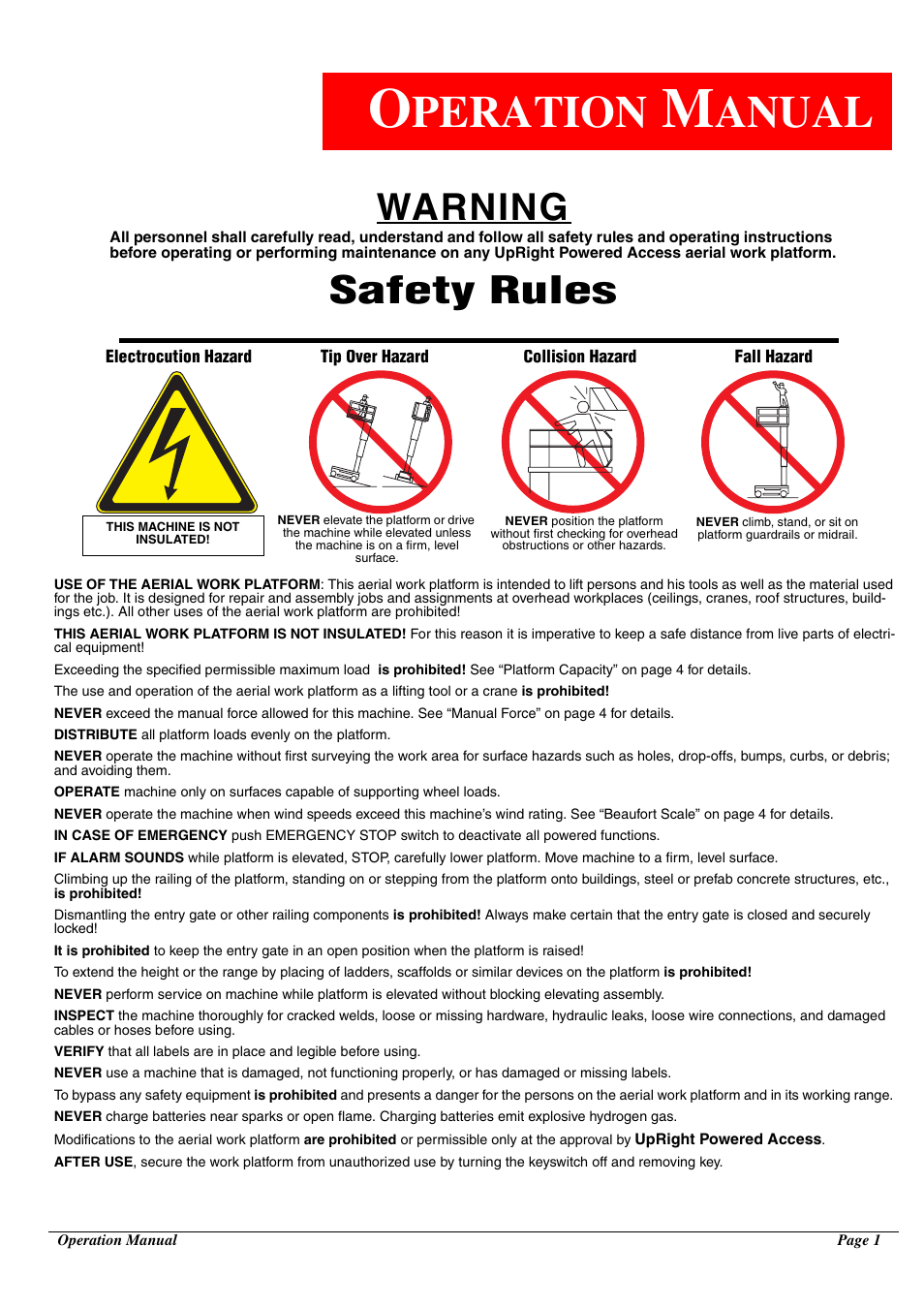 Peration, Anual, Warning | Safety rules | Snorkel TM12-sn50211+ User Manual | Page 5 / 84