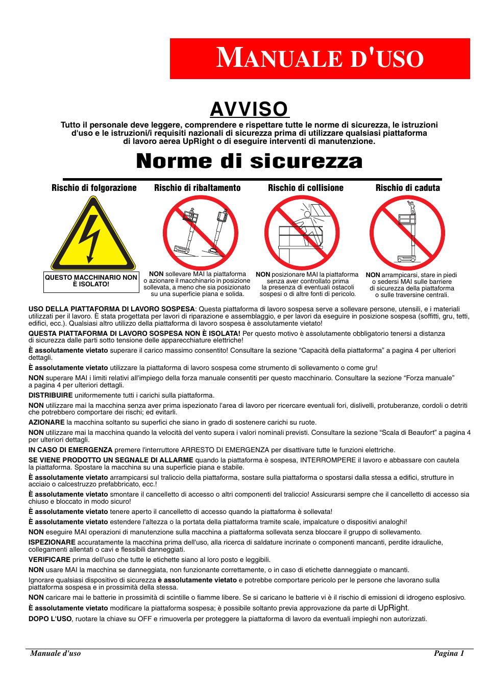 Anuale, Avviso, Norme di sicurezza | Snorkel TM12-sn50211+ User Manual | Page 69 / 84