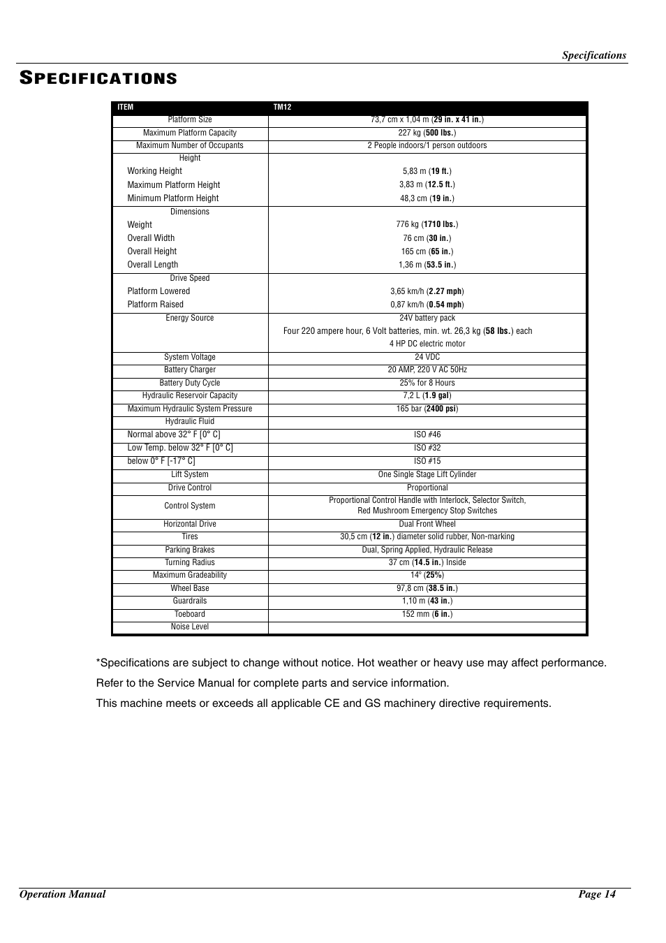 Pecifications | Snorkel TM12-sn53316-53346 User Manual | Page 18 / 20