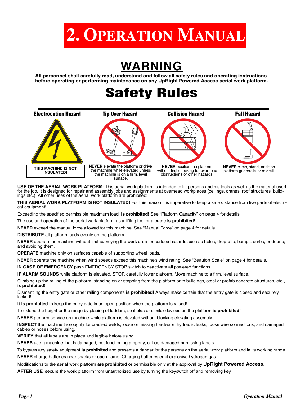 Peration, Anual, Warning | Safety rules | Snorkel TM12-sn53316-53346 User Manual | Page 5 / 20