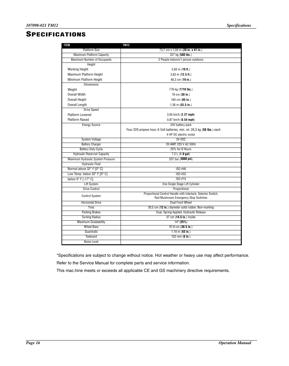 Pecifications | Snorkel TM12-sn6427-6918 User Manual | Page 18 / 52