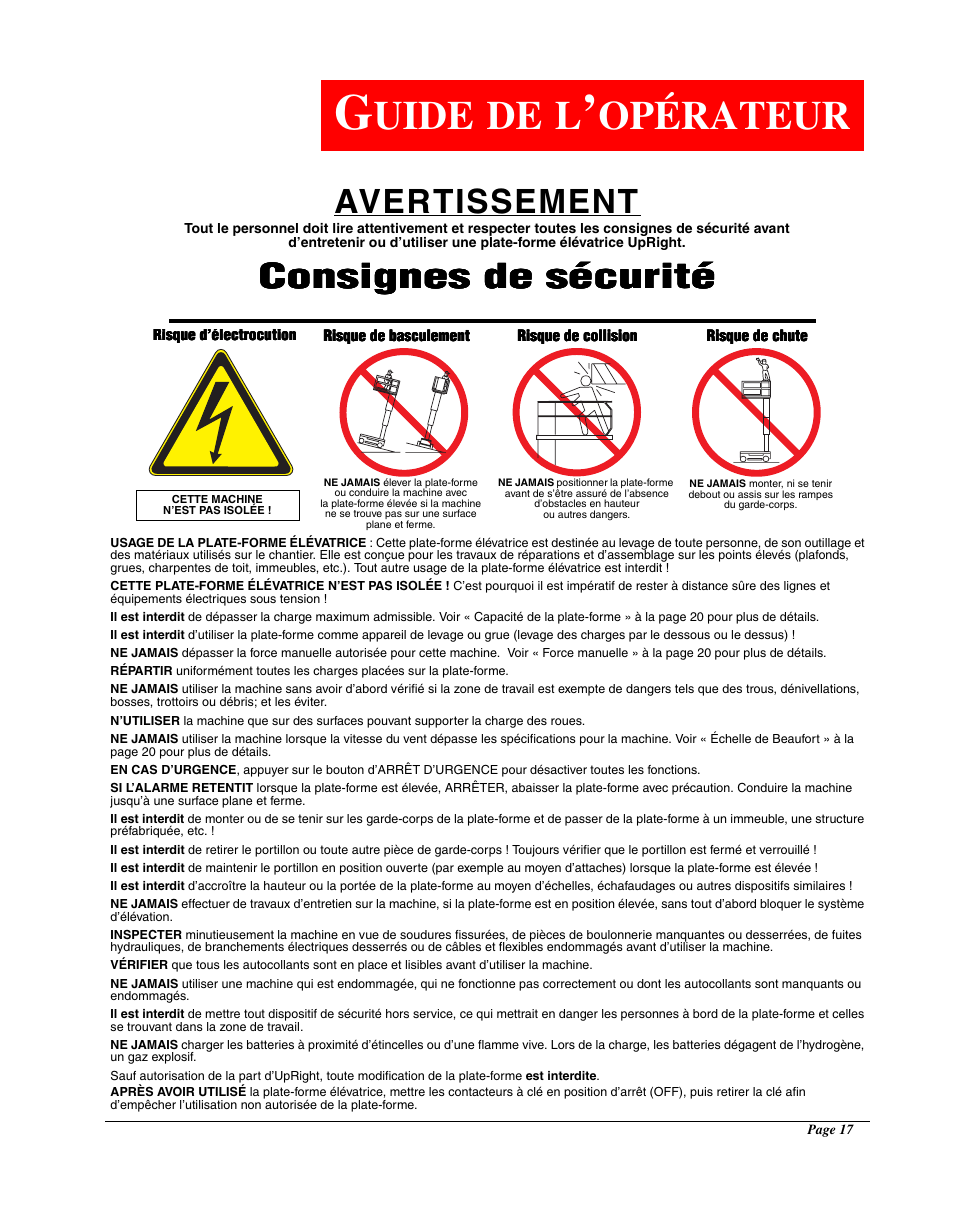 Uide, Opérateur, Avertissement | Consignes de sécurité | Snorkel TM12-sn6427-6918 User Manual | Page 19 / 52