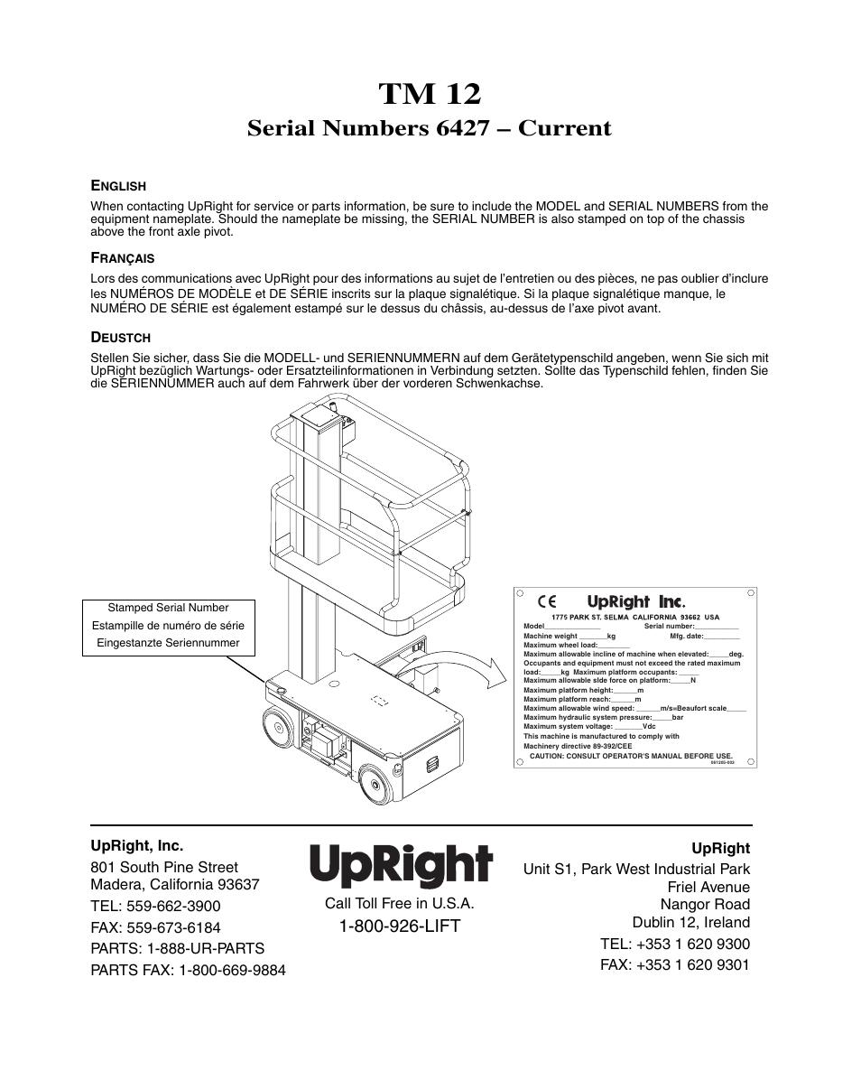 Tm 12, Serial numbers 6427 – current | Snorkel TM12-sn6427-6918 User Manual | Page 2 / 52