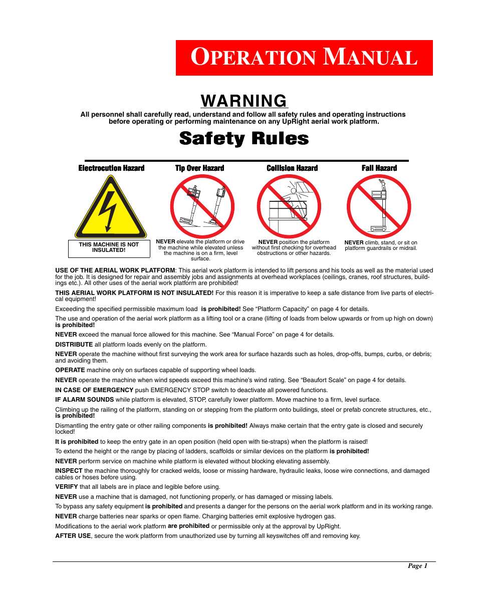 Peration, Anual, Warning | Safety rules | Snorkel TM12-sn6427-6918 User Manual | Page 3 / 52