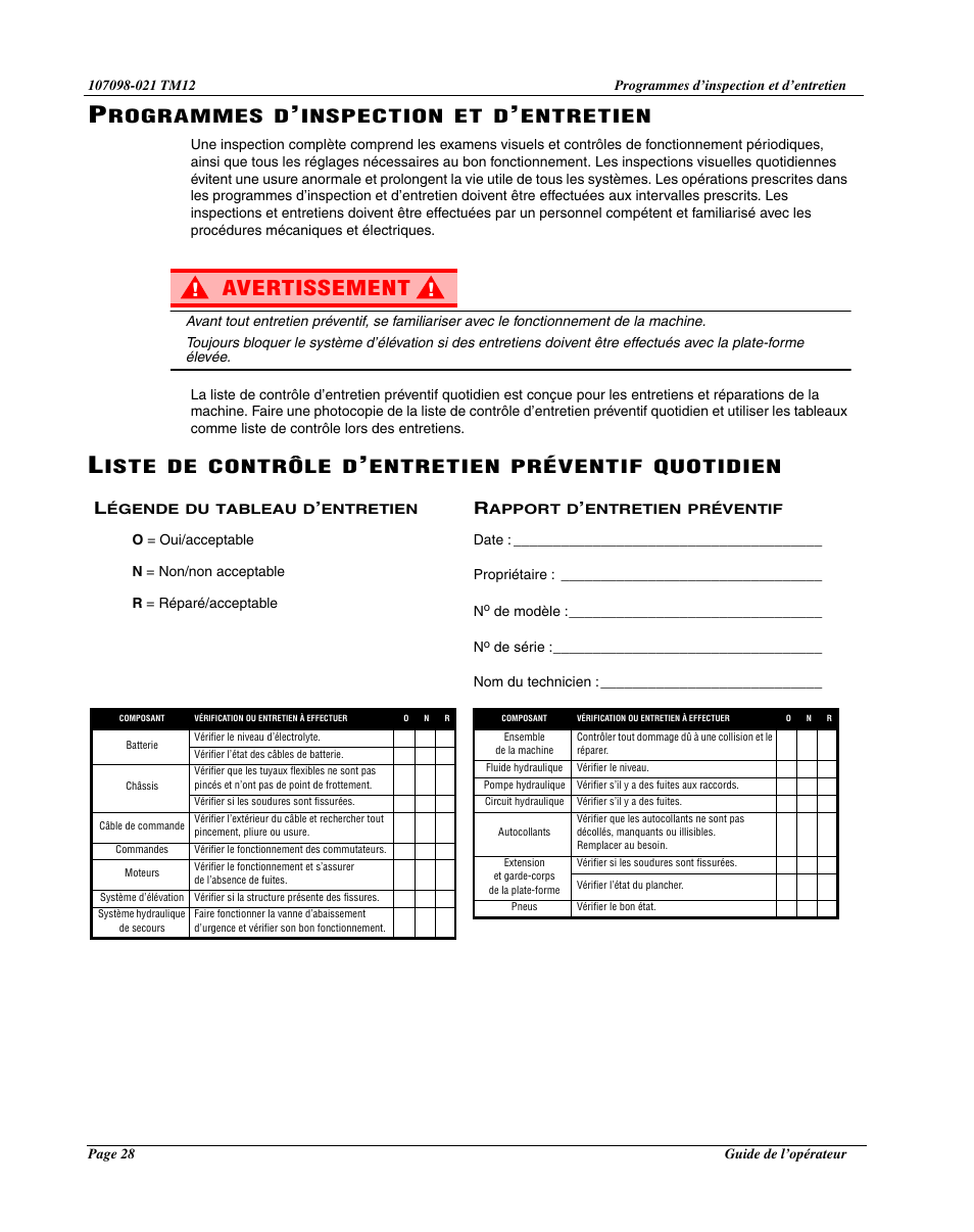 Avertissement, Rogrammes, Inspection | Entretien, Iste, Contrôle, Préventif, Quotidien | Snorkel TM12-sn6427-6918 User Manual | Page 30 / 52