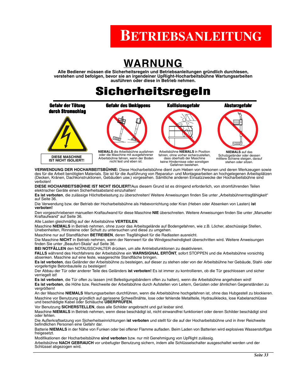 Etriebsanleitung, Warnung, Sicherheitsregeln | Snorkel TM12-sn6427-6918 User Manual | Page 35 / 52