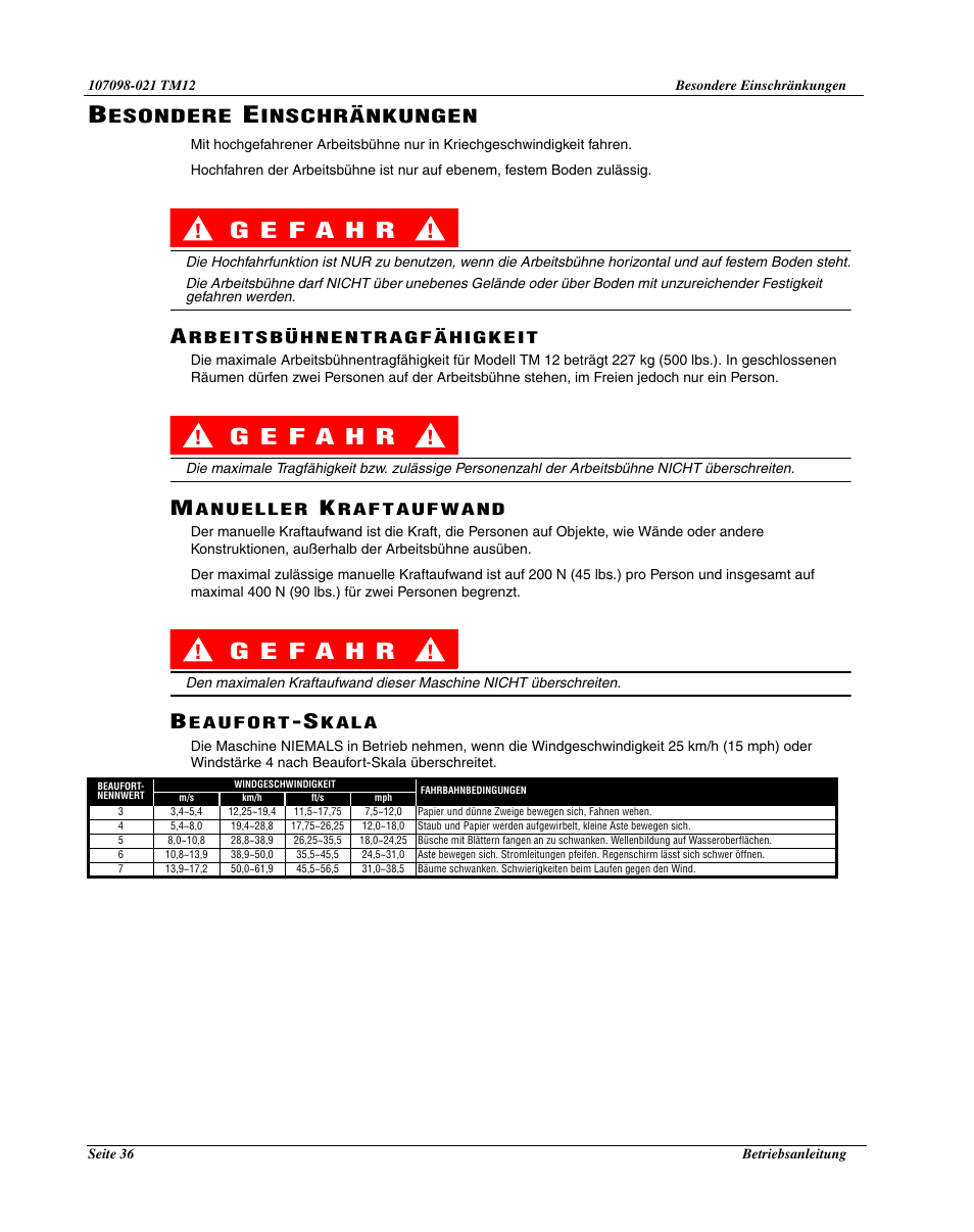 Esondere, Inschränkungen | Snorkel TM12-sn6427-6918 User Manual | Page 38 / 52