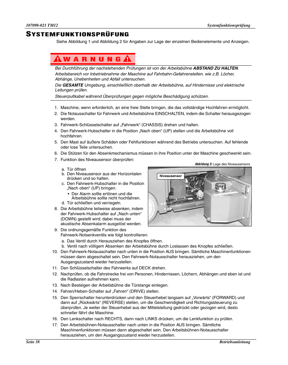 Ystemfunktionsprüfung | Snorkel TM12-sn6427-6918 User Manual | Page 40 / 52