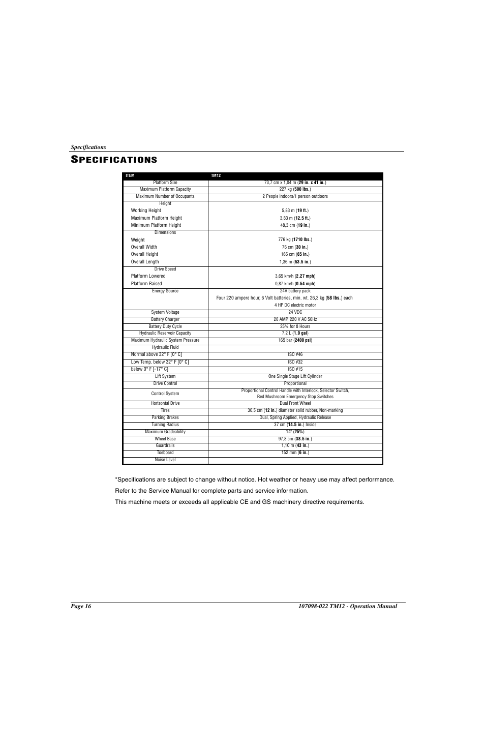 Pecifications | Snorkel TM12-sn6919-29999 User Manual | Page 18 / 52