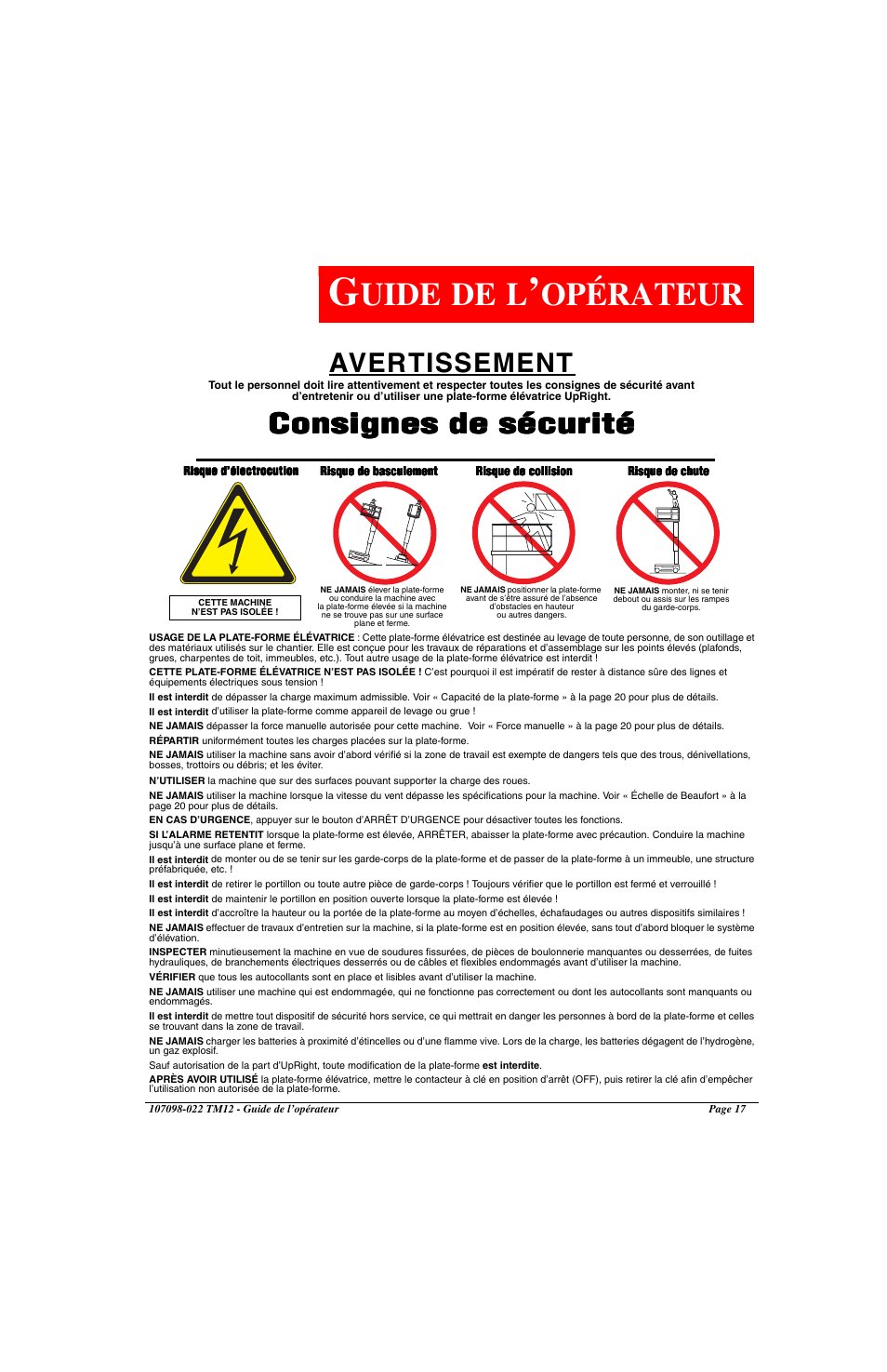 Uide, Opérateur, Avertissement | Consignes de sécurité | Snorkel TM12-sn6919-29999 User Manual | Page 19 / 52