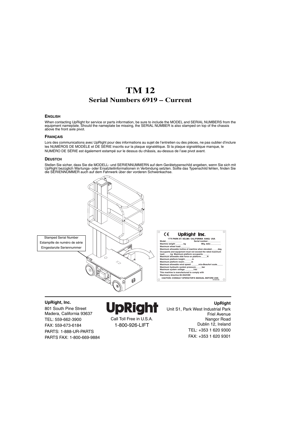 Tm 12, Serial numbers 6919 – current | Snorkel TM12-sn6919-29999 User Manual | Page 2 / 52