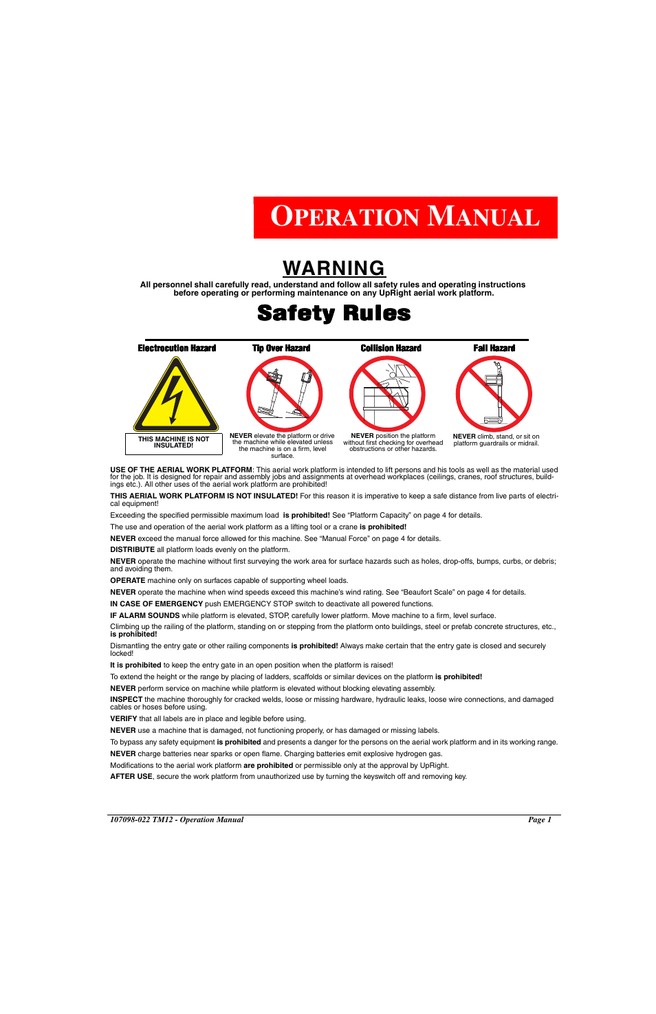 Peration, Anual, Warning | Safety rules | Snorkel TM12-sn6919-29999 User Manual | Page 3 / 52