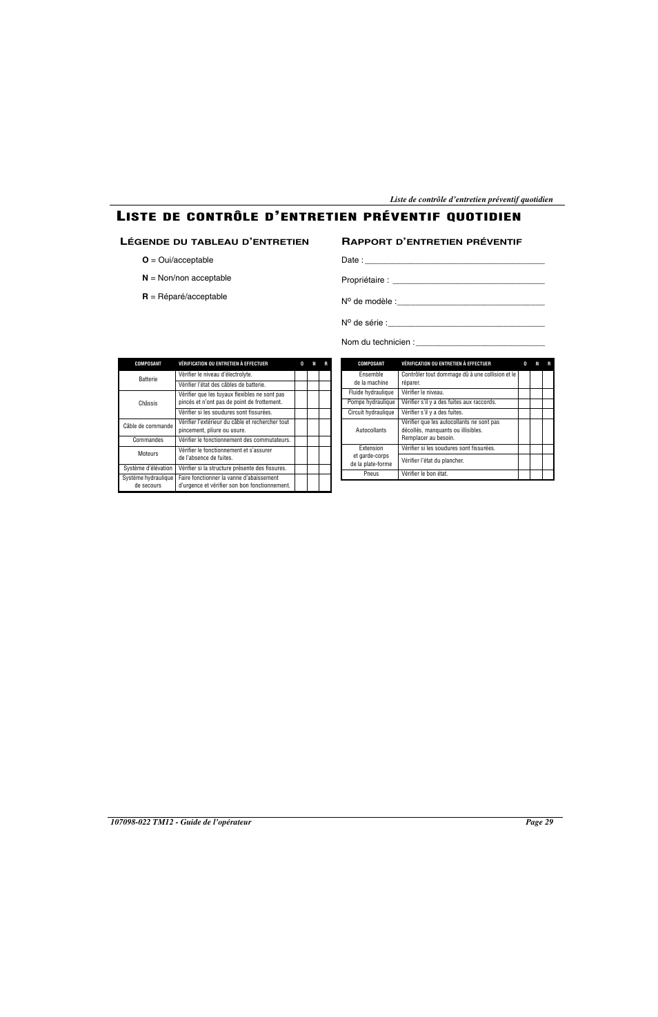 Iste, Contrôle, Entretien | Préventif, Quotidien | Snorkel TM12-sn6919-29999 User Manual | Page 31 / 52