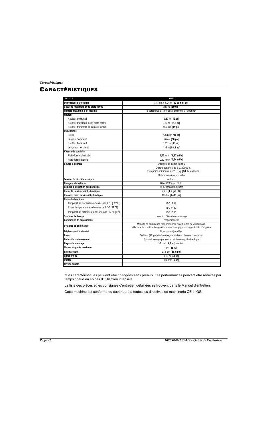Aractéristiques | Snorkel TM12-sn6919-29999 User Manual | Page 34 / 52