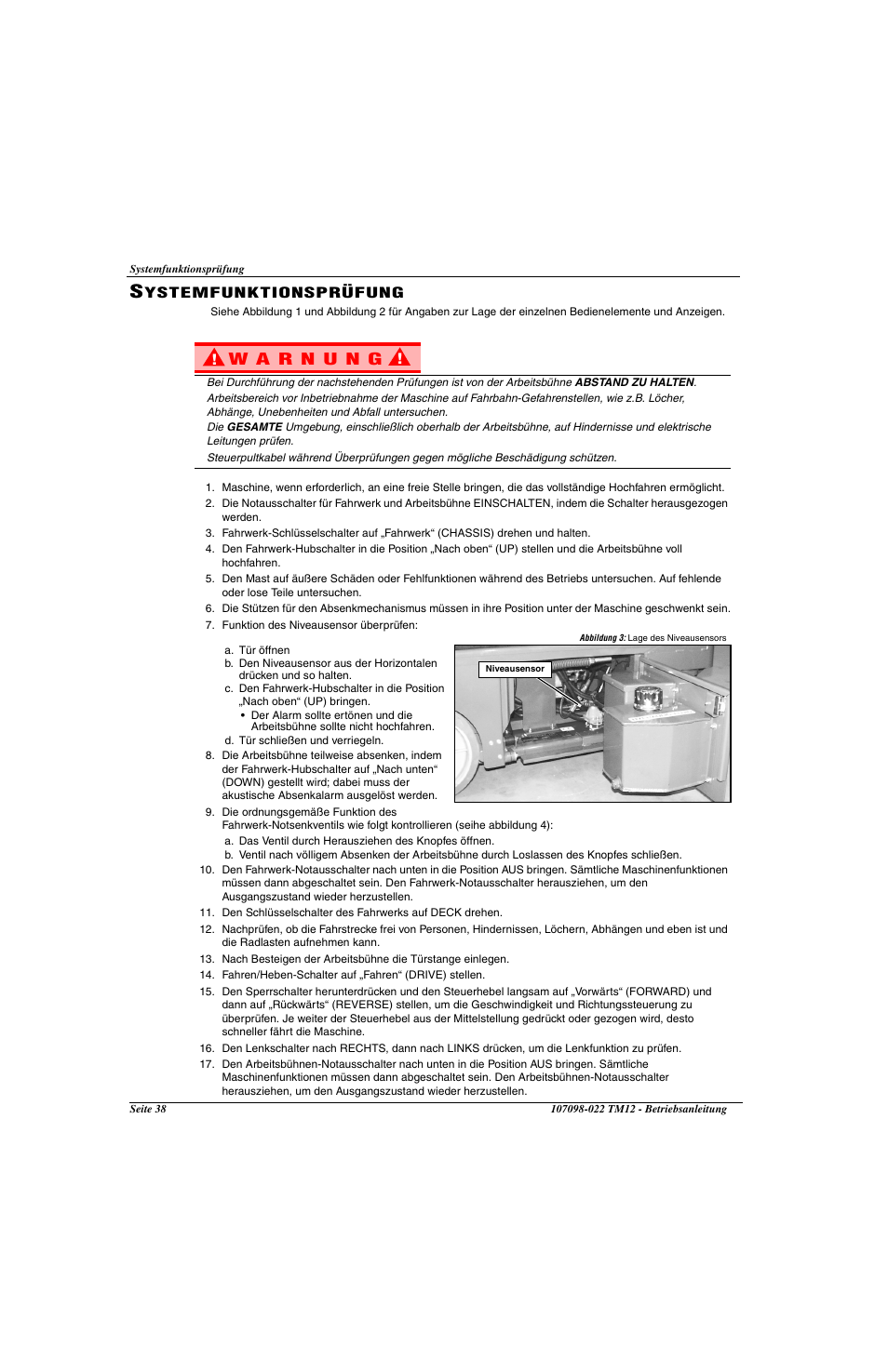Ystemfunktionsprüfung | Snorkel TM12-sn6919-29999 User Manual | Page 40 / 52