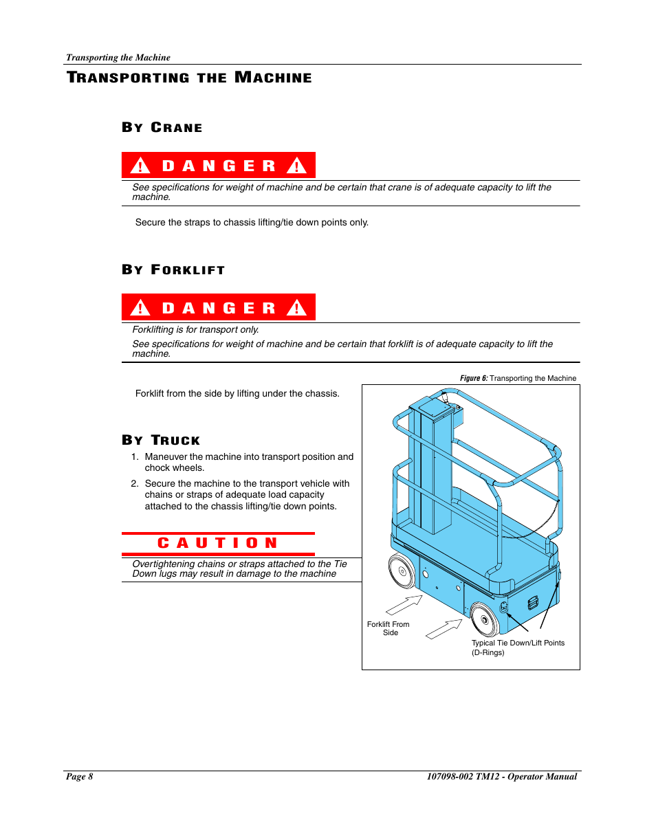 Transporting the machine, By crane, By forklift | By truck | Snorkel TM12-sn7352+ User Manual | Page 10 / 20