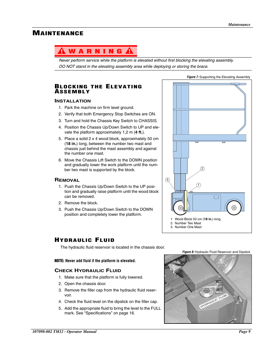 Maintenance, Blocking the elevating assembly, Installation | Removal, Hydraulic fluid, Check hydraulic fluid | Snorkel TM12-sn7352+ User Manual | Page 11 / 20