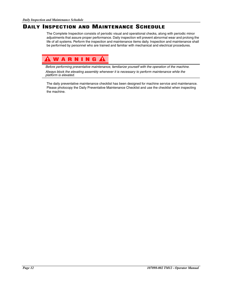 Daily inspection and maintenance schedule | Snorkel TM12-sn7352+ User Manual | Page 14 / 20