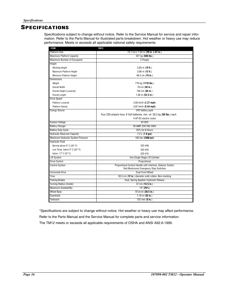 Specifications, Pecifications | Snorkel TM12-sn7352+ User Manual | Page 18 / 20