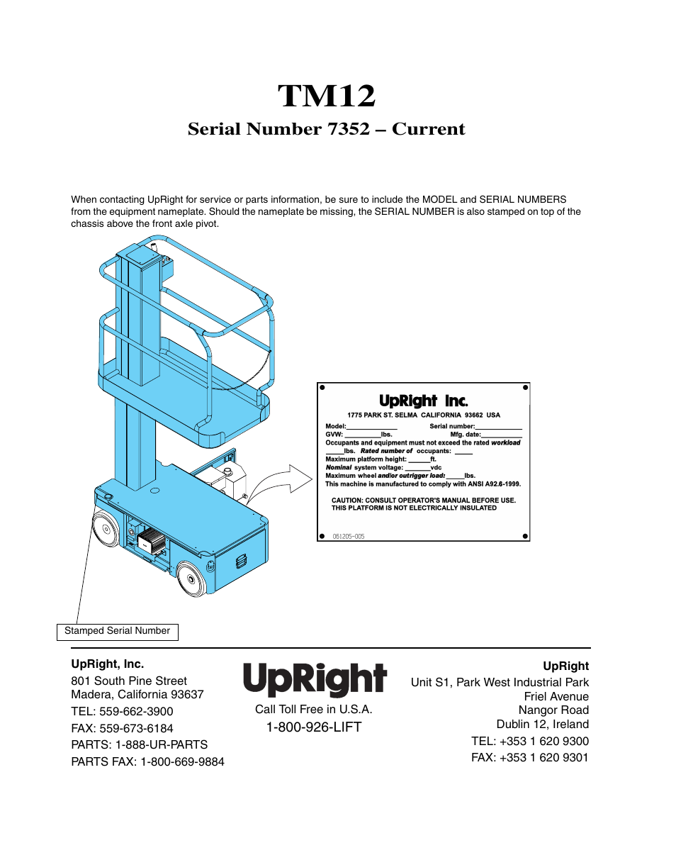 Tm12, Serial number 7352 – current | Snorkel TM12-sn7352+ User Manual | Page 2 / 20