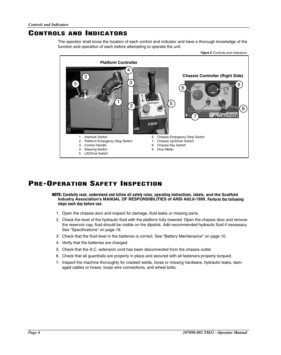 Controls and indicators, Pre-operation safety inspection | Snorkel TM12-sn7352+ User Manual | Page 6 / 20