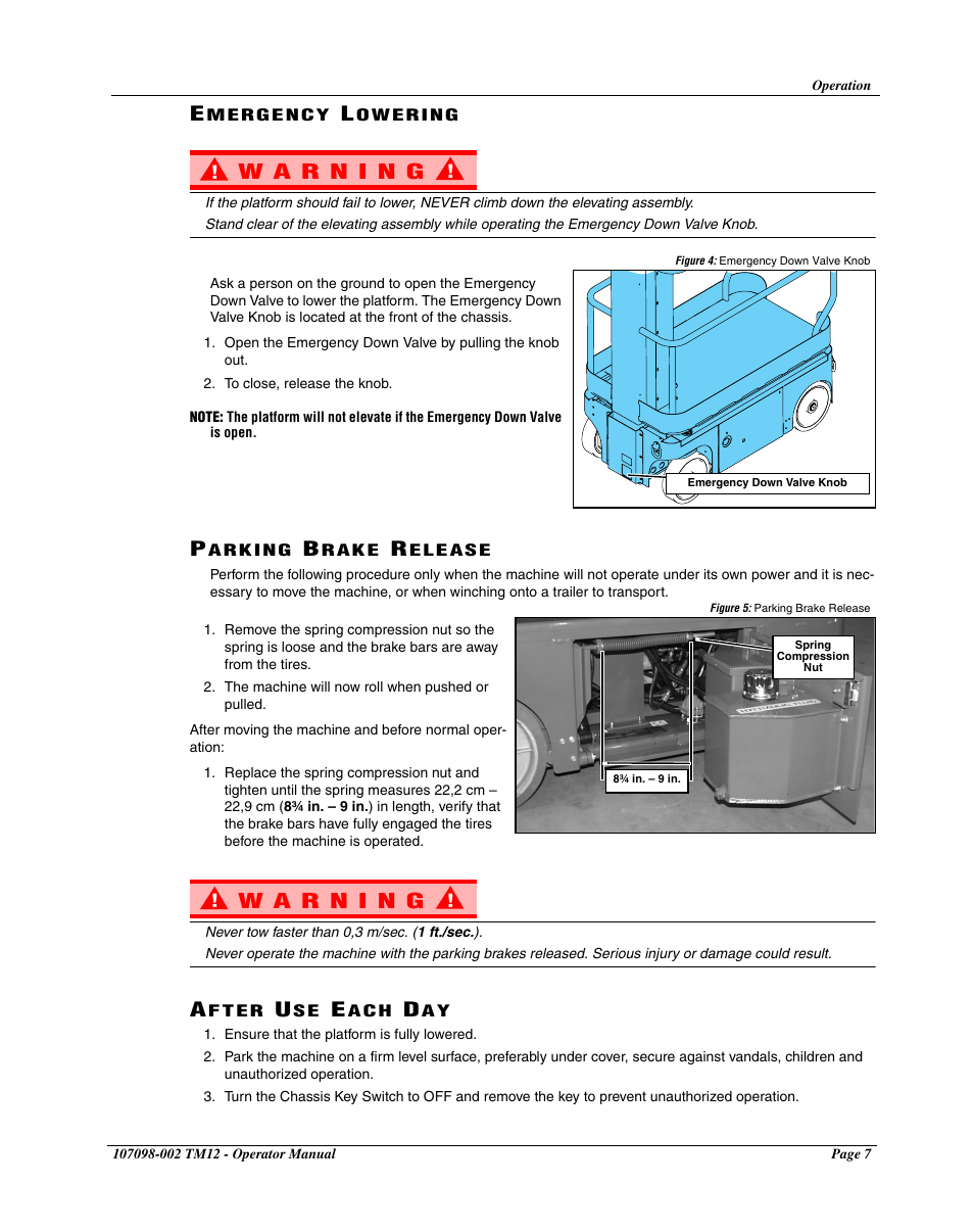 Emergency lowering, Parking brake release, After use each day | Snorkel TM12-sn7352+ User Manual | Page 9 / 20