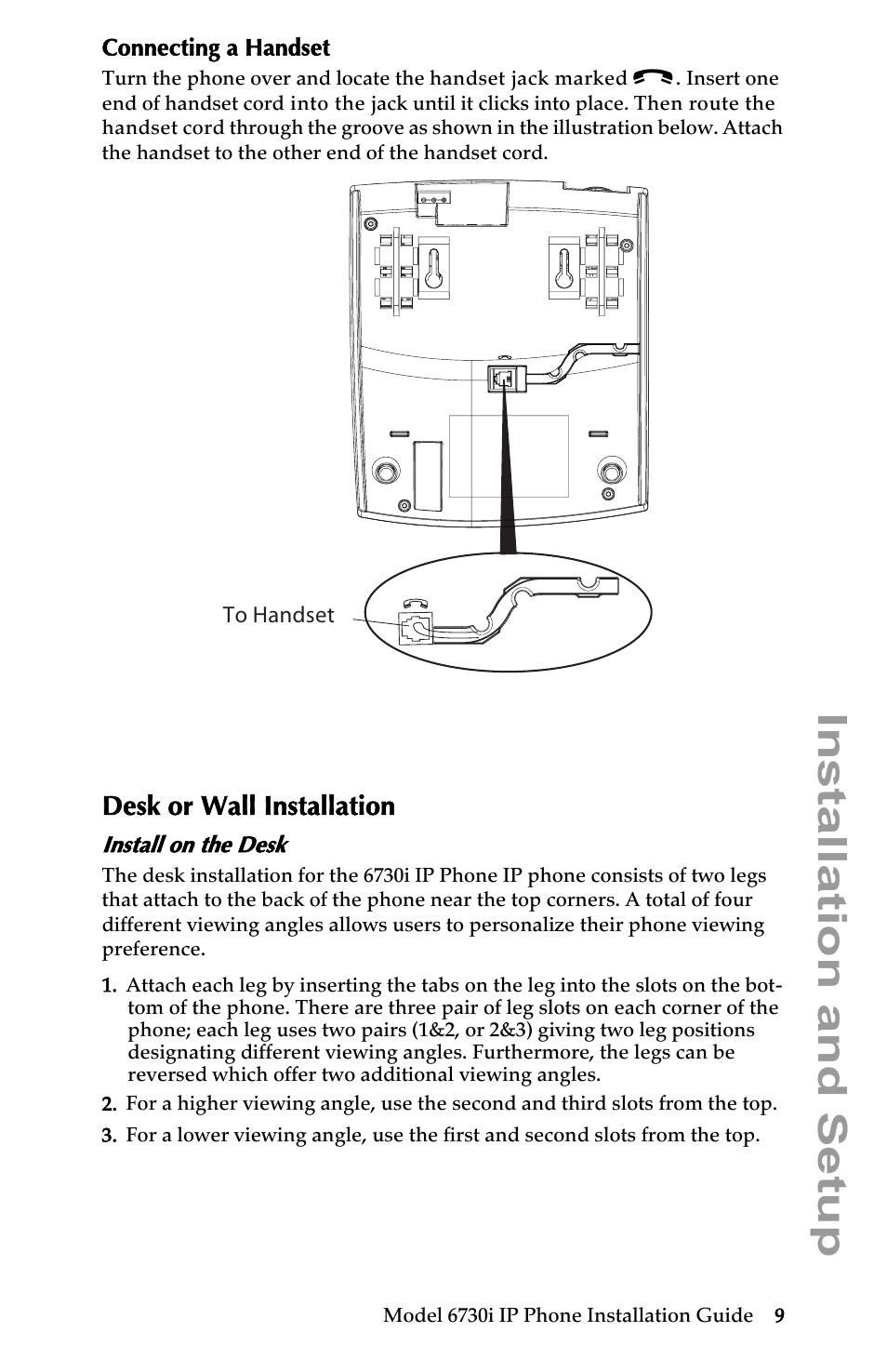 Connecting a handset, Desk or wall installation, Install on the desk | Connecting a handset desk or wall installation, Installation and setup | Aastra Telecom 6730I User Manual | Page 15 / 40