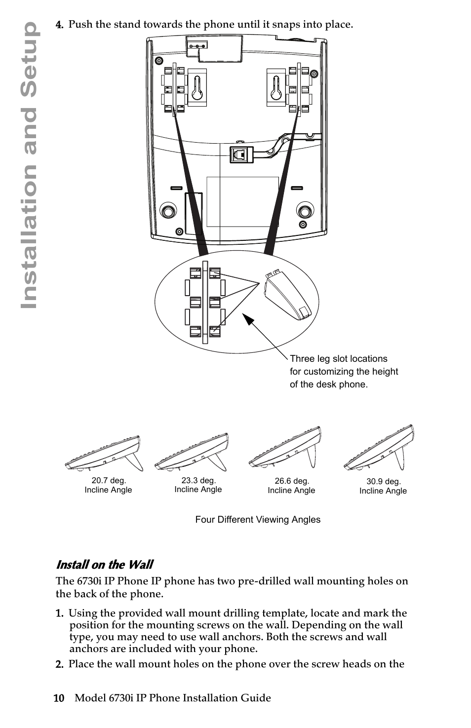 Install on the wall, Installation and setup | Aastra Telecom 6730I User Manual | Page 16 / 40