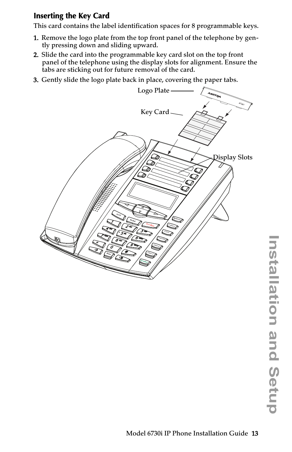 Inserting the key card, Installation and setup | Aastra Telecom 6730I User Manual | Page 19 / 40