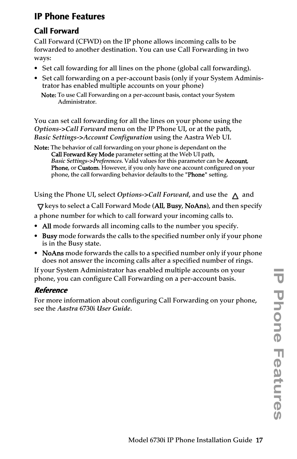 Ip phone features, Call forward, Reference | Aastra Telecom 6730I User Manual | Page 23 / 40