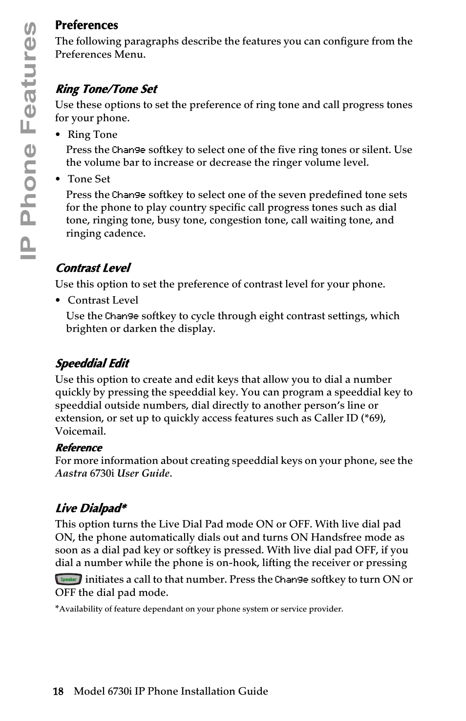 Preferences, Ring tone/tone set, Contrast level | Speeddial edit, Live dialpad, Ip phone features | Aastra Telecom 6730I User Manual | Page 24 / 40