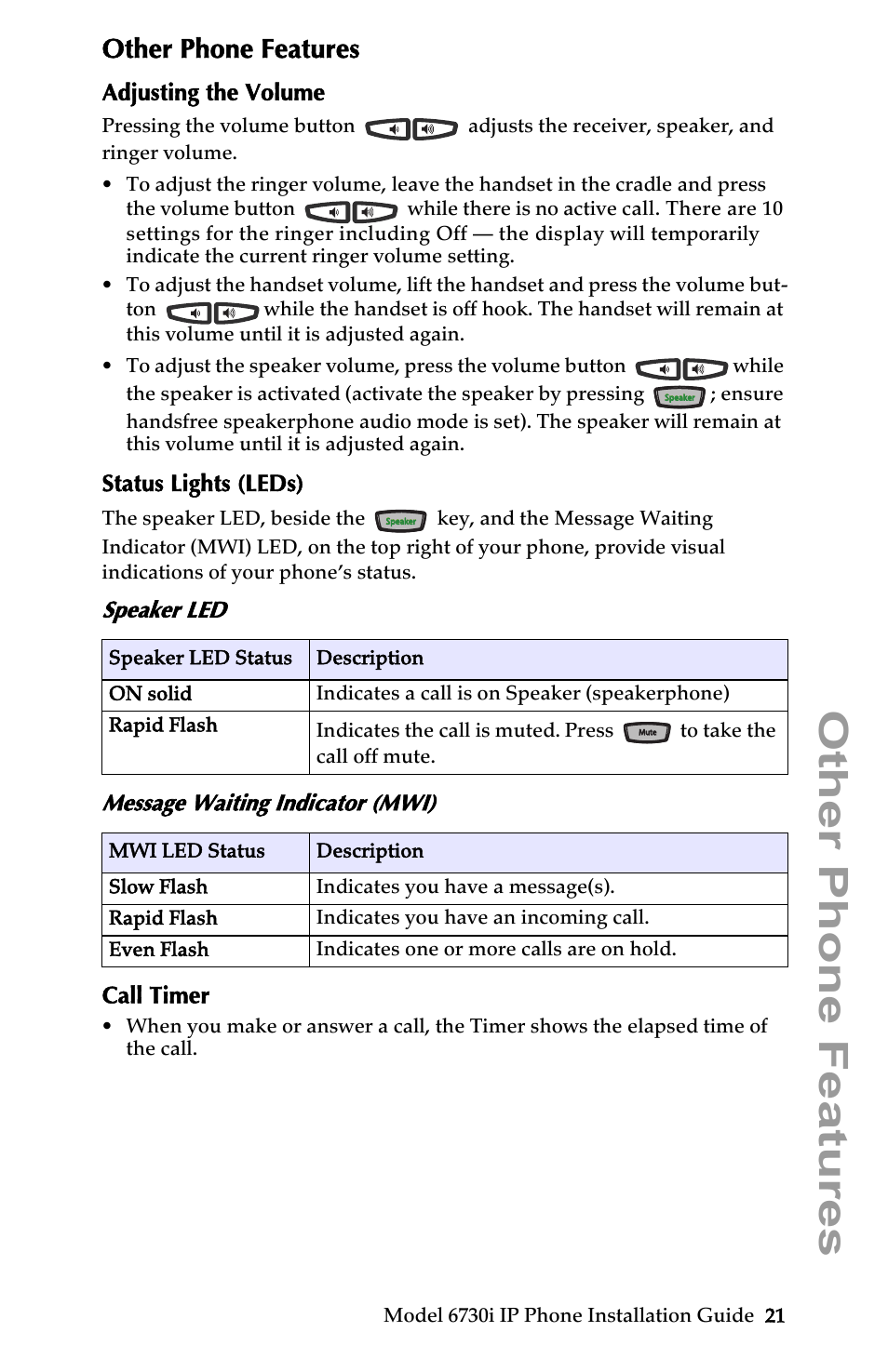 Other phone features, Adjusting the volume, Status lights (leds) | Speaker led, Message waiting indicator (mwi), Call timer | Aastra Telecom 6730I User Manual | Page 27 / 40