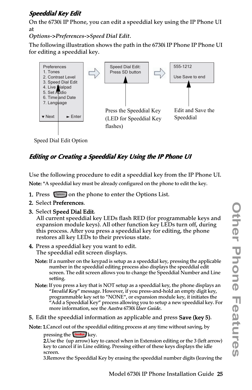 Speeddial key edit, Other phone features | Aastra Telecom 6730I User Manual | Page 31 / 40