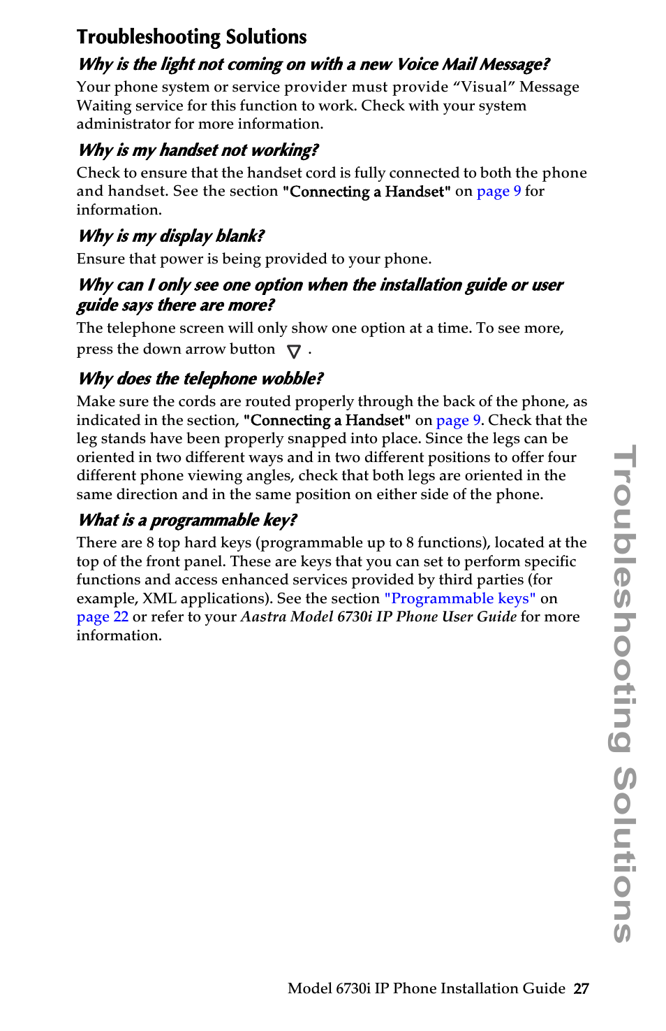 Troubleshooting solutions, Why is my handset not working, Why is my display blank | Why does the telephone wobble, What is a programmable key | Aastra Telecom 6730I User Manual | Page 33 / 40