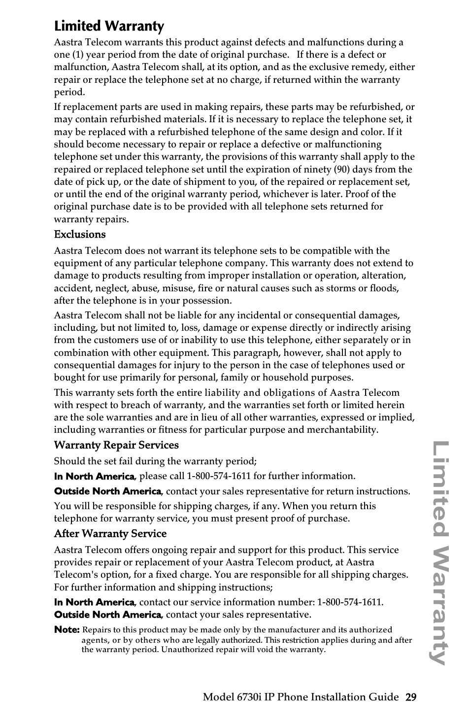 Limited warranty | Aastra Telecom 6730I User Manual | Page 35 / 40