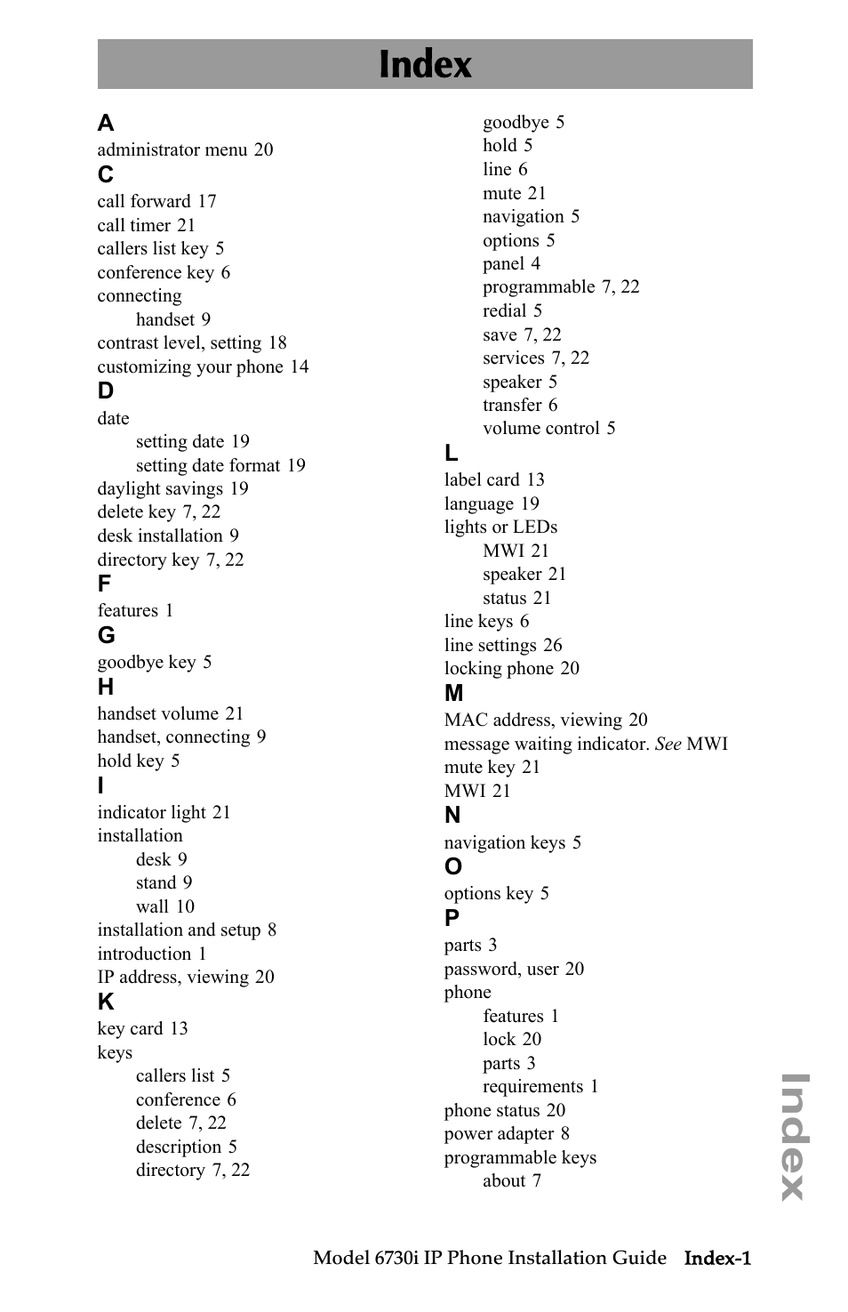 Index | Aastra Telecom 6730I User Manual | Page 37 / 40