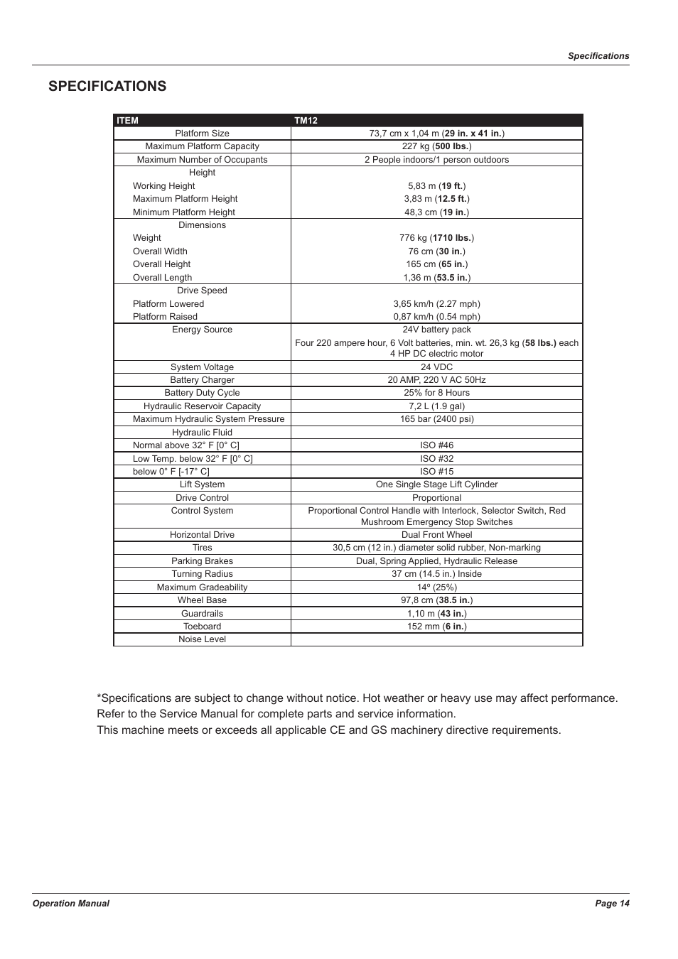Specifications | Snorkel TM12-sn53600-53999 User Manual | Page 18 / 20