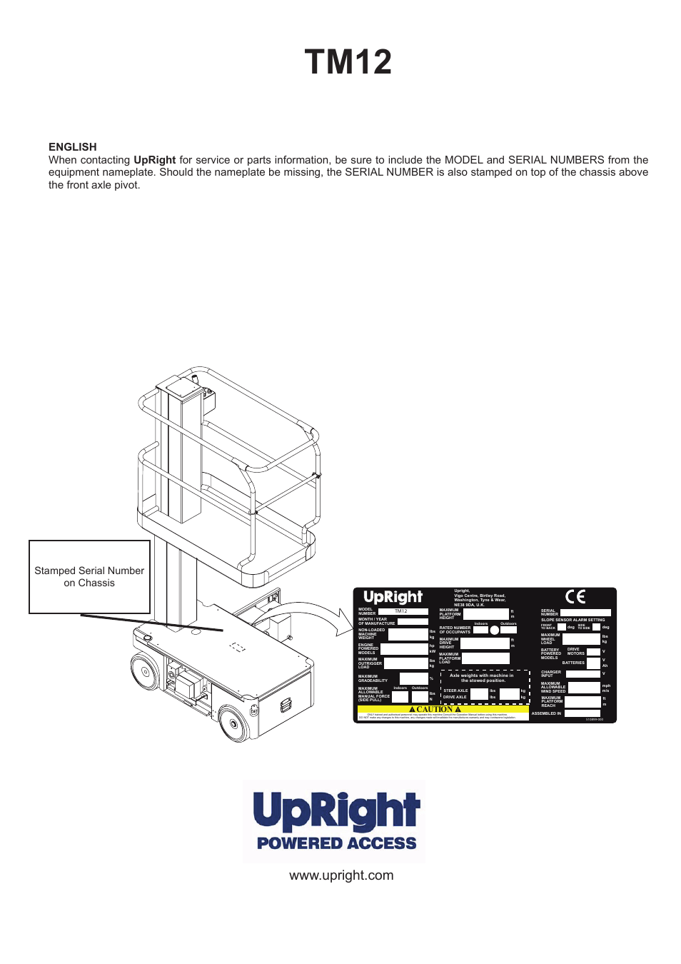 Tm12, Stamped serial number on chassis, Caution | Snorkel TM12-sn53600-53999 User Manual | Page 3 / 20