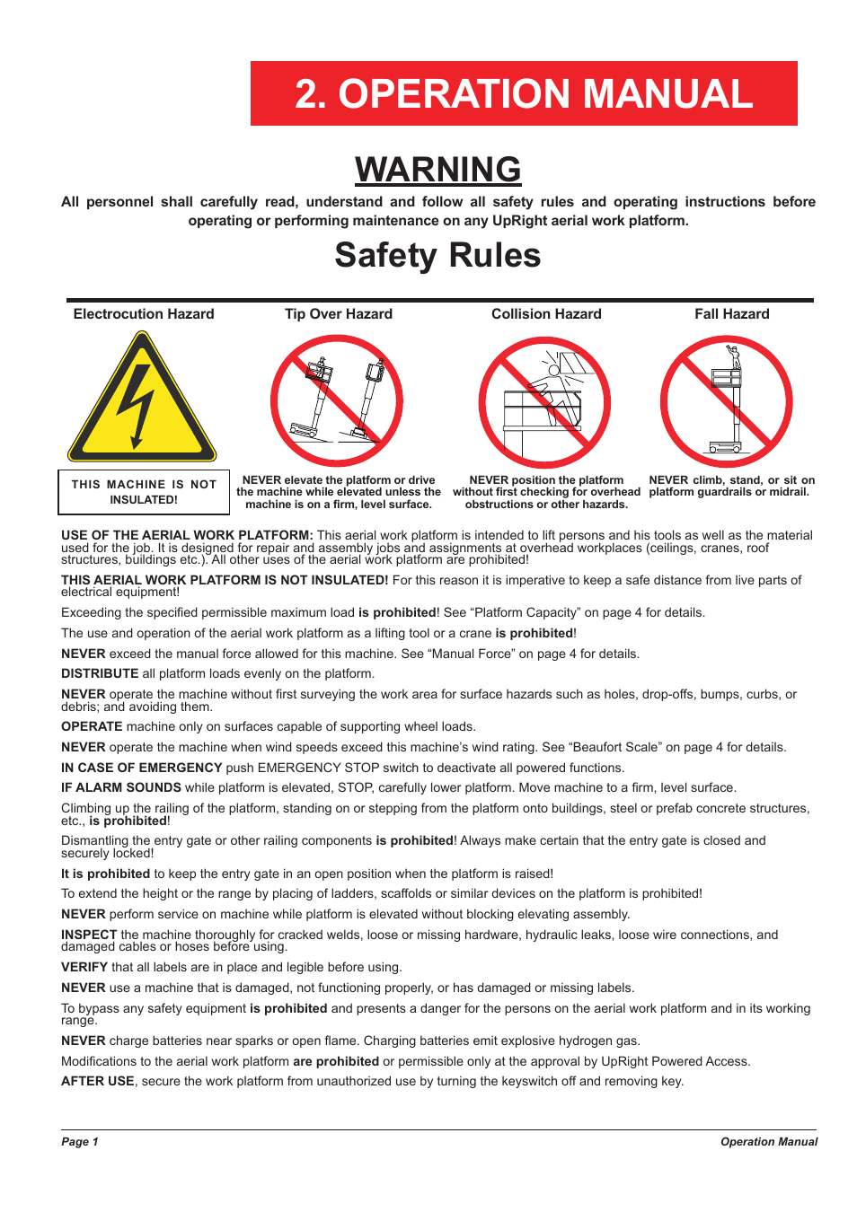 Operation manual, Warning, Safety rules | Snorkel TM12-sn53600-53999 User Manual | Page 5 / 20