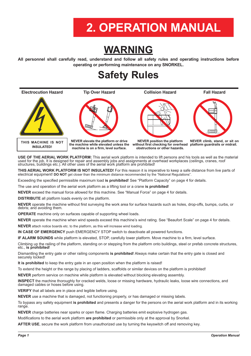 Operation manual, Warning, Safety rules | Snorkel TM12-sn54000+ User Manual | Page 5 / 20