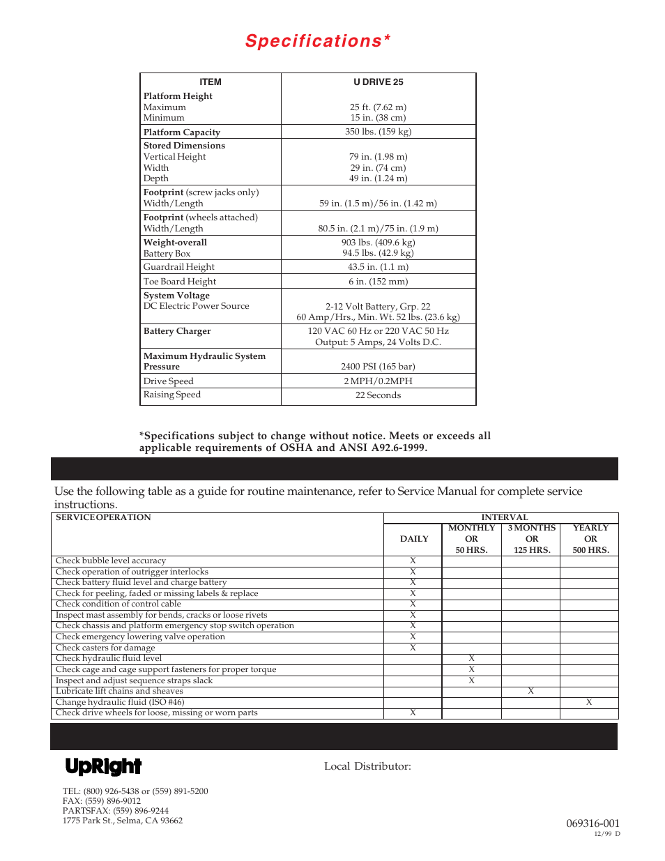 Routine service, For more information, Specifications | Snorkel U Drive 25-sn1125+ User Manual | Page 12 / 12