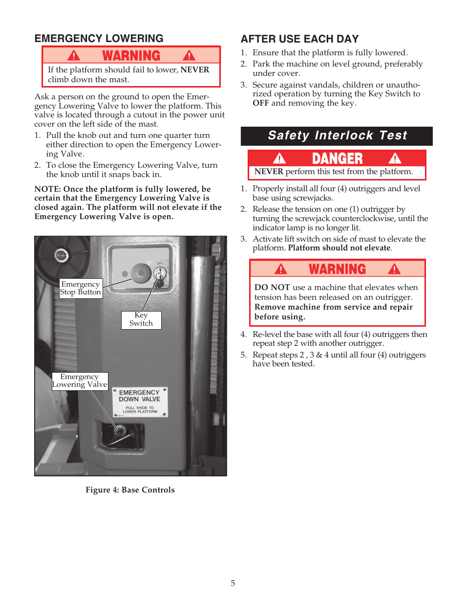 Safety interlock test, After use each day, Emergency lowering | Snorkel U Drive 25-sn1125+ User Manual | Page 5 / 12