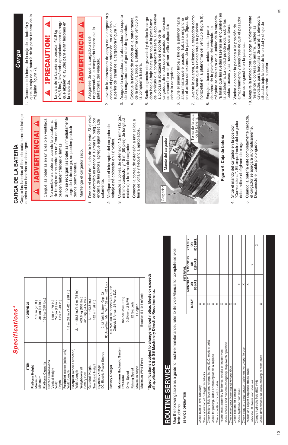 Routine service, Specifications, Carga | Carga de la batería | Snorkel U Drive 25-sn1001+ User Manual | Page 10 / 22