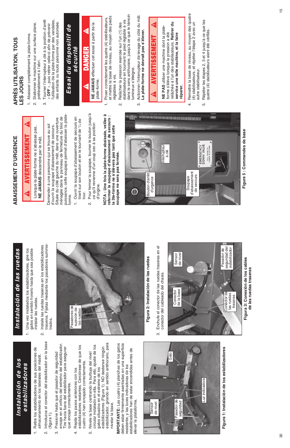 Essai du dispositif de sécurité, Instalación de los estabilizadores, Instalación de las ruedas | Après utilisation, tous les jours, Abaissement d urgence | Snorkel U Drive 25-sn1001+ User Manual | Page 15 / 22