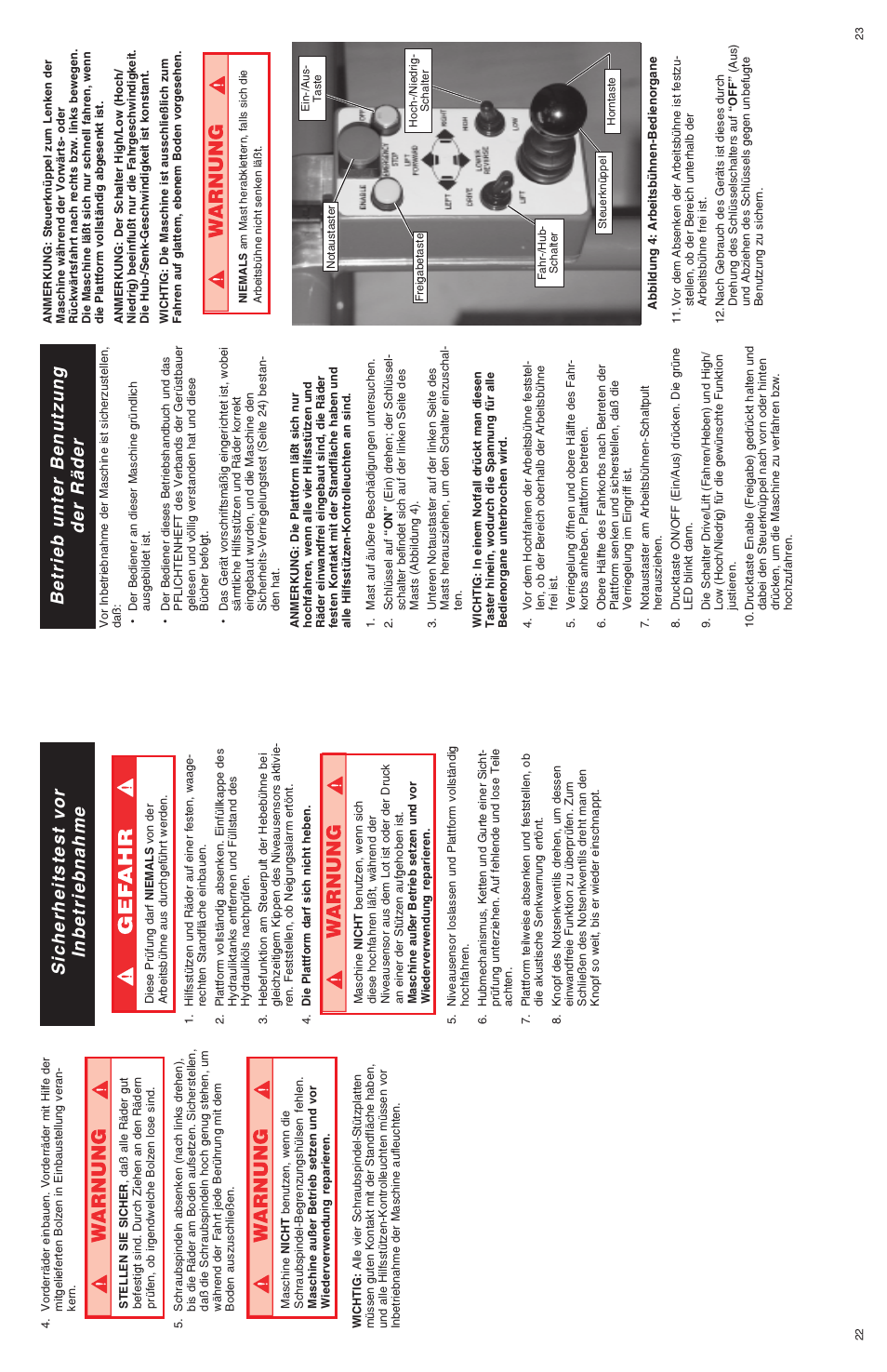 Sicherheitstest vor inbetriebnahme, Betrieb unter benutzung der räder | Snorkel U Drive 25-sn1001+ User Manual | Page 22 / 22