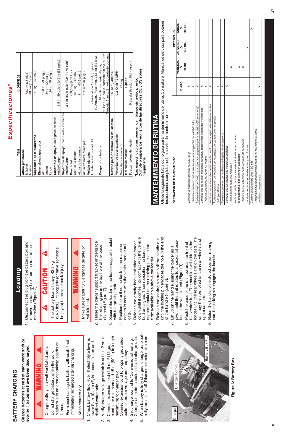 Mantenimiento de rutina, Loading, Especificaciones | Battery charging | Snorkel U Drive 25-sn1001+ User Manual | Page 8 / 22