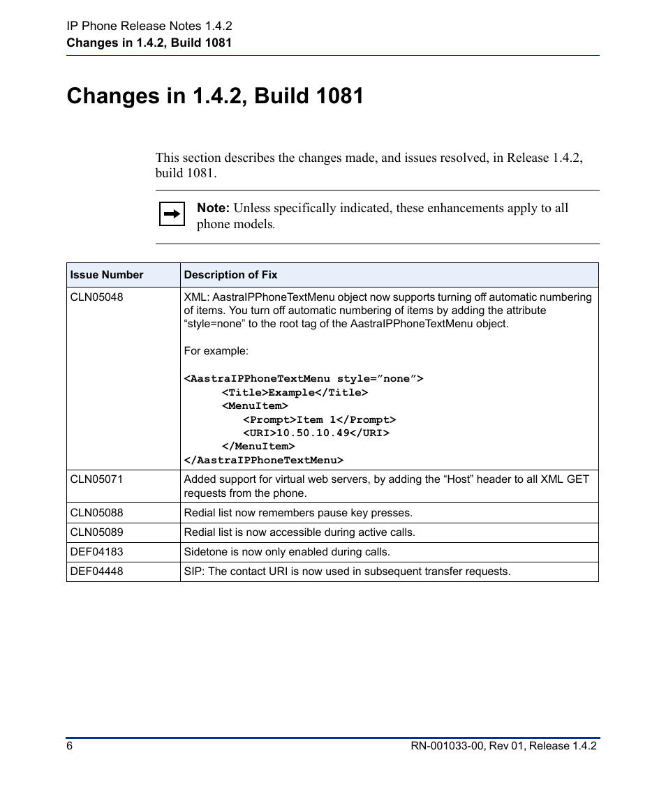 Changes in 1.4.2, build 1081 | Aastra Telecom 9112I User Manual | Page 10 / 22