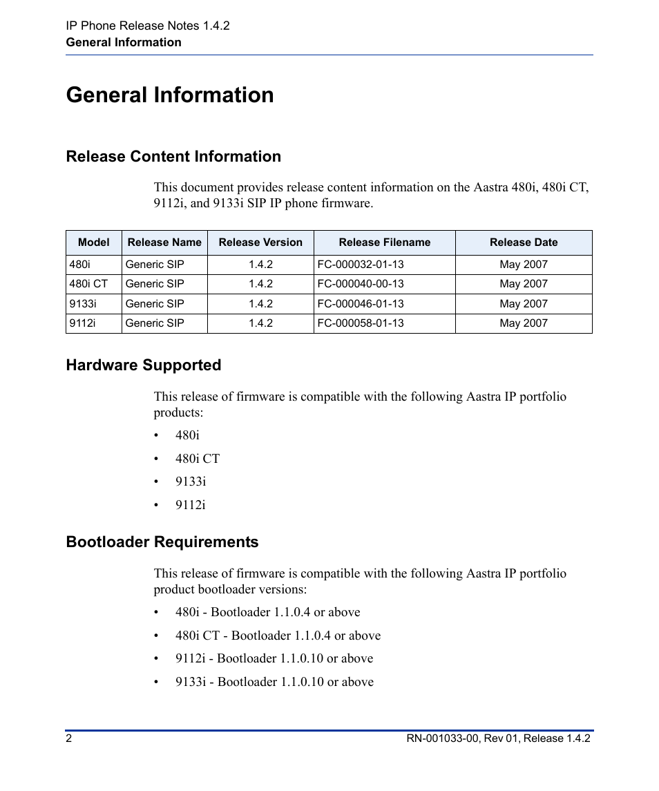 General information, Release content information, Hardware supported | Bootloader requirements | Aastra Telecom 9112I User Manual | Page 6 / 22