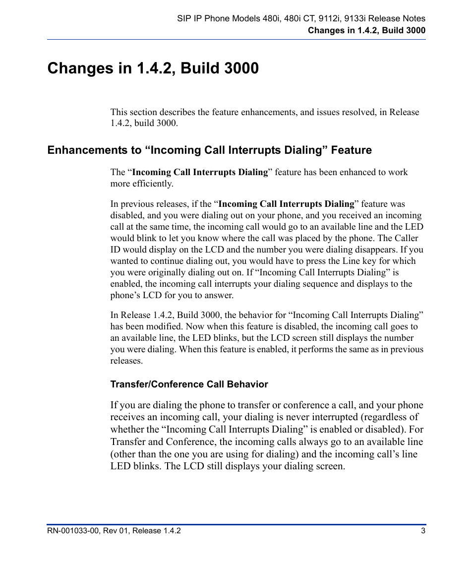 Changes in 1.4.2, build 3000, Transfer/conference call behavior | Aastra Telecom 9112I User Manual | Page 7 / 22