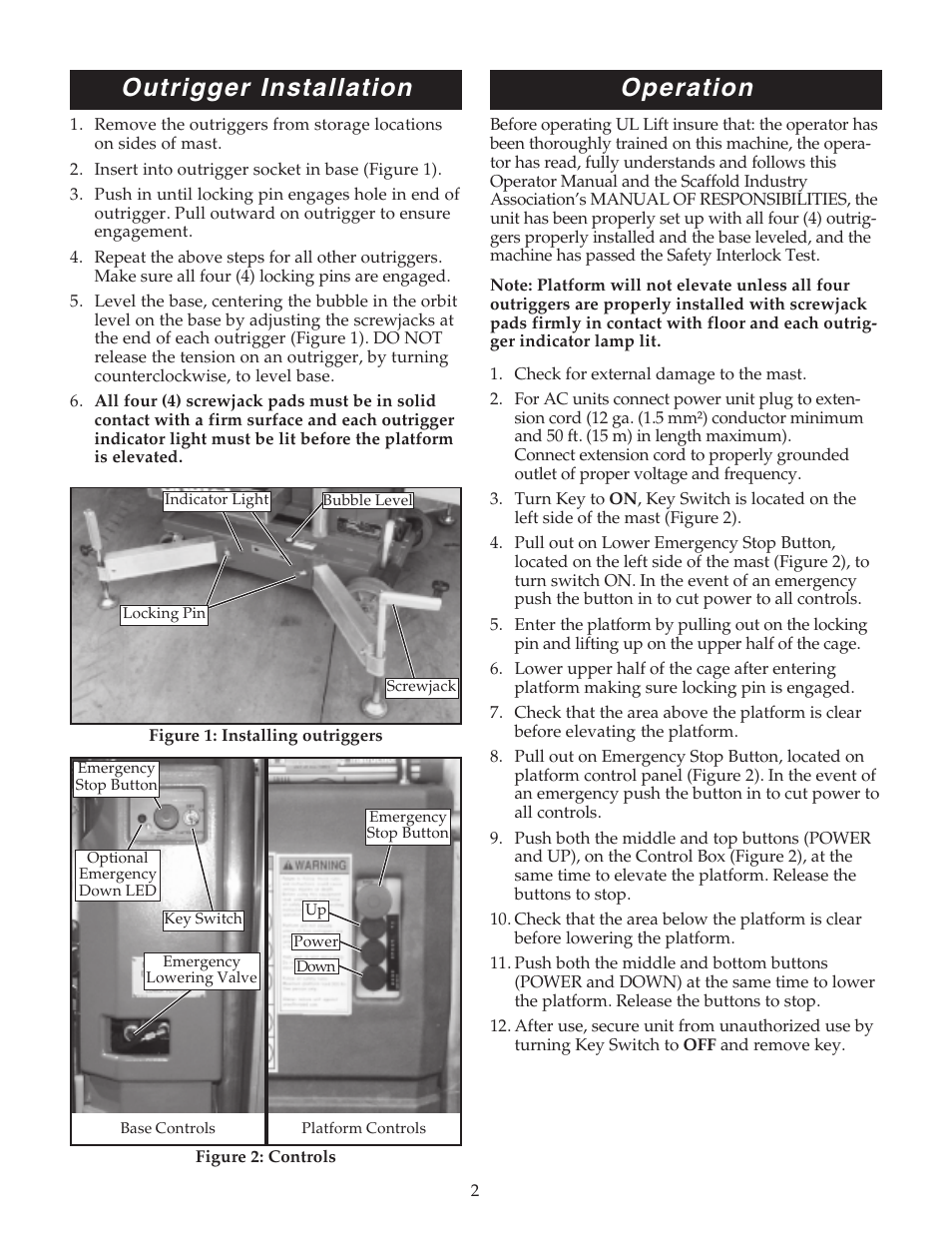 Outrigger installation, Operation | Snorkel ULII40-sn15001+ User Manual | Page 2 / 8